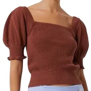 French Connection Rust Brown Puff Sleeve Cotton Rib Knit Sweater Top size L